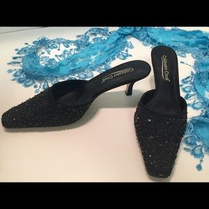 Coldwater Creek Beaded Black Satin Mules